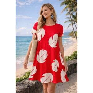 WB10 Disney Stitch Red Leaf Print ALine Dress Women's Size M Vacation